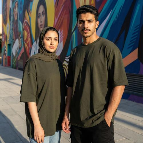 تيشيرت قطن زيتي اوفر سايز فاخر سادة