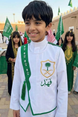 سديري بشت ولادي سادة أبيض برواز أخضر نقشة سيفين ون...