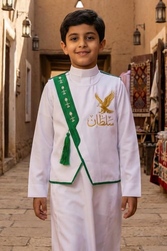 سديري بشت ولادي سادة أبيض برواز أخضر نقشة سيفين ون...