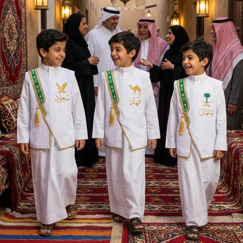 سديري بشت ولادي سادة أبيض برواز أخضر نقشة سيفين ون...