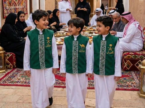 سديري ولادي سادة أخضر زيتي بياقة سعودية واقفة وتطر...