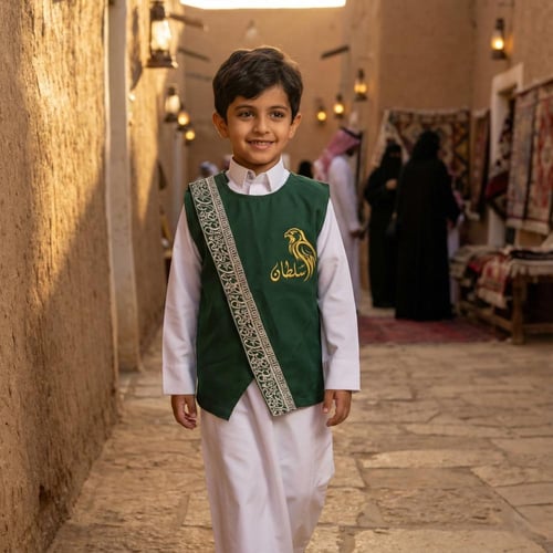 سديري ولادي سادة أخضر ملكي نقشة شريط خط عربي فضي م...