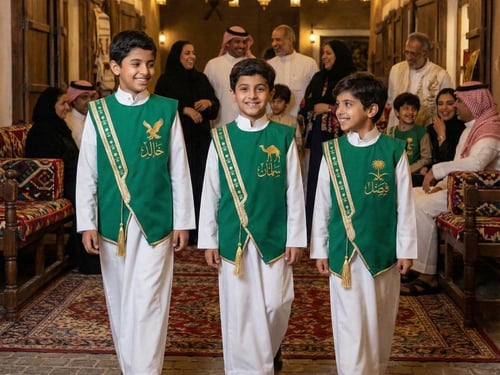 سديري بشت ولادي سادة أخضر ملكي نقشة سيفين ونخلة ذه...