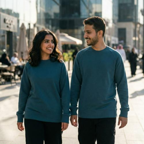 سويت شيرت قطن فاخر تركواز بدون قبوع سادة