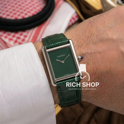 ساعة كارتير تانك باللون الاخضر على الفضي