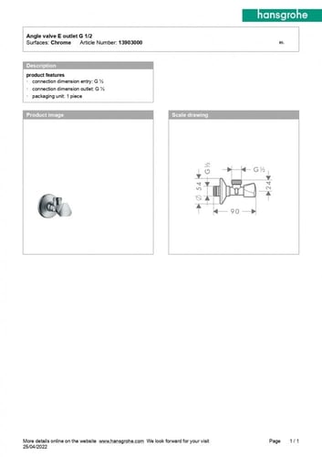 محبس زاوية كروم 1/2 هانز جروهي / hansgrohe