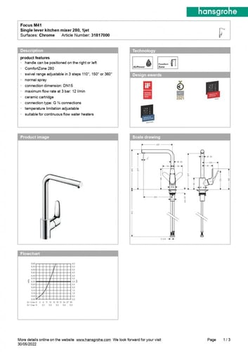 خلاط مطبخ كروم فوكس 280 من Hansgrohe – جودة ألماني...