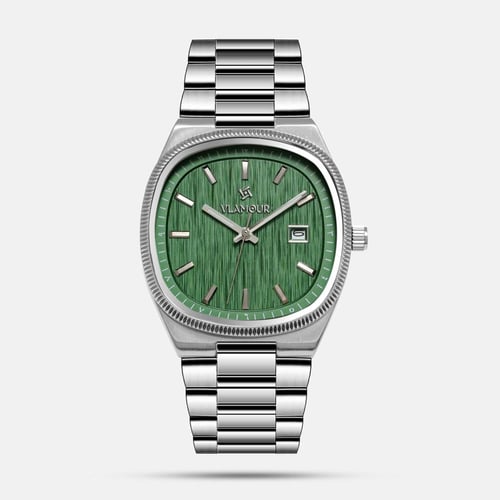 ساعة رجالية مربعة بسير ستيل وميناء أخضر - طابع عصر...