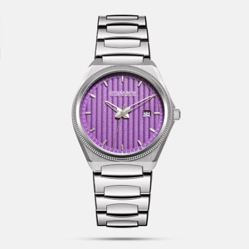 ساعة رجالية بسير ستيل فضي وميناء أرجواني