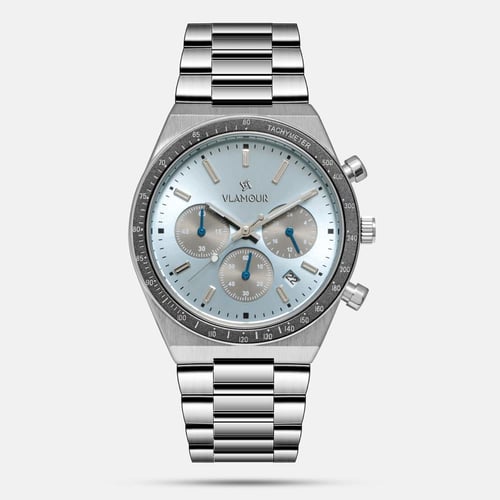 ساعة رجالية بسير ستيل وميناء أزرق فاتح ورمادي - تص...