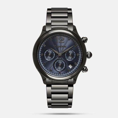 ساعة رجالية بسير ستيل أسود وميناء كحلي داكن – إطلا...