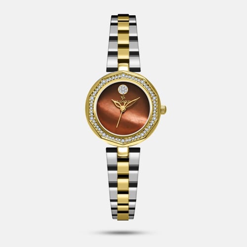 ساعة نسائية ستيل فضي وذهبي بإطار مرصع - تصميم راقي