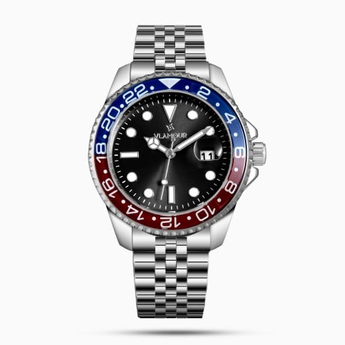 ساعة رجالية سير ستيل فضي وميناء أسود وإطار ملون -...