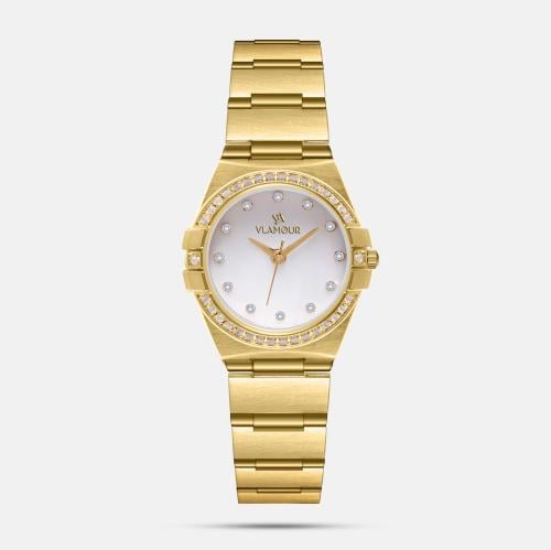 ساعة نسائية بلون ذهبي وميناء أبيض بأحجار كريستال