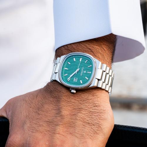 ساعة رجالية مربعة بسير ستيل وميناء أخضر - طابع عصر...