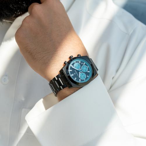 ساعة رجالية بسير ستيل وميناء أسود وأزرق فاتح - تصم...