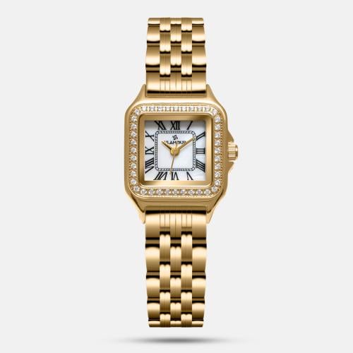 ساعة نسائية بسير ستيل ذهبي بإطار مربع مرصع - تصميم...