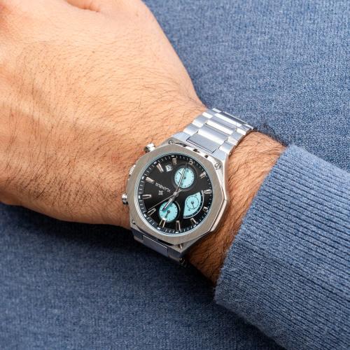 ساعة رجالية بسير ستيل فضي وميناء أسود - طابع عصري...