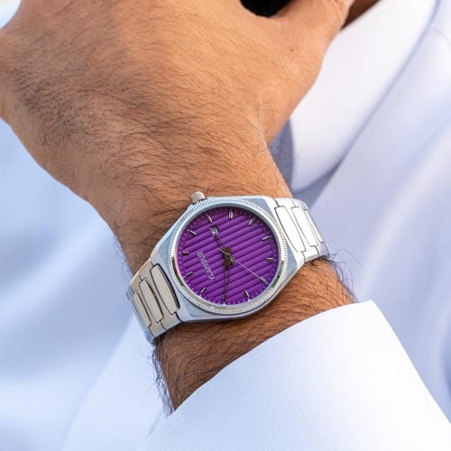 ساعة رجالية بسير ستيل فضي وميناء أرجواني