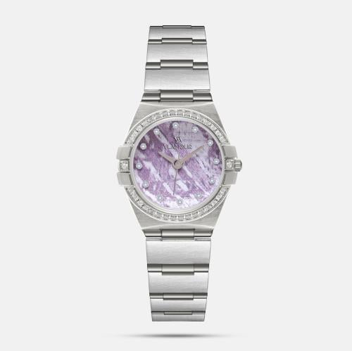 ساعة نسائية بلون فضي وميناء بنفسجي - تصميم أنيق نا...