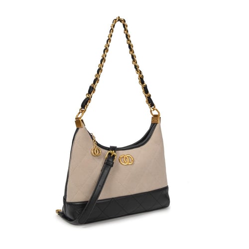 شنطة يد نسائية جلد بسلسلة ذهبية - بيج وأسود