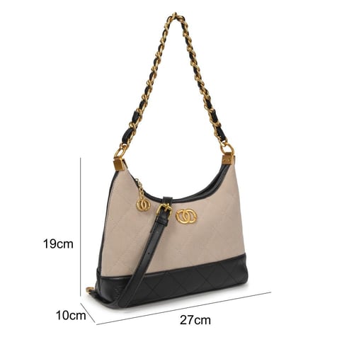 شنطة يد نسائية جلد بسلسلة ذهبية - بيج وأسود