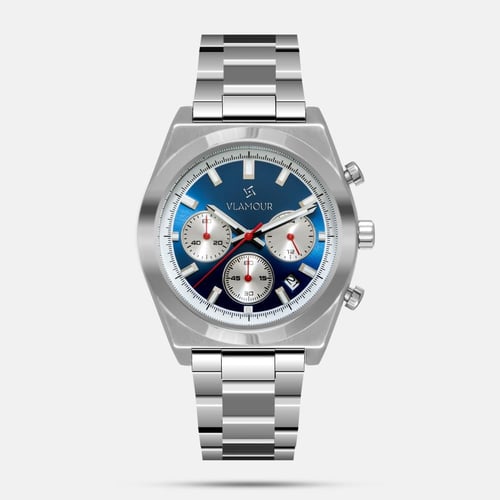 ساعة رجالية بسير ستيل فضي وميناء أزرق وأبيض – تصمي...