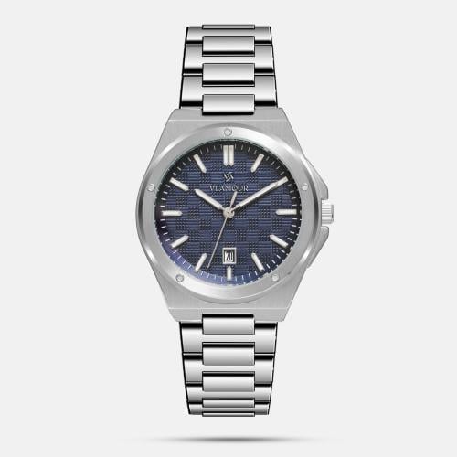 ساعة رجالية بلون فضي وميناء كحلي - طابع مميز