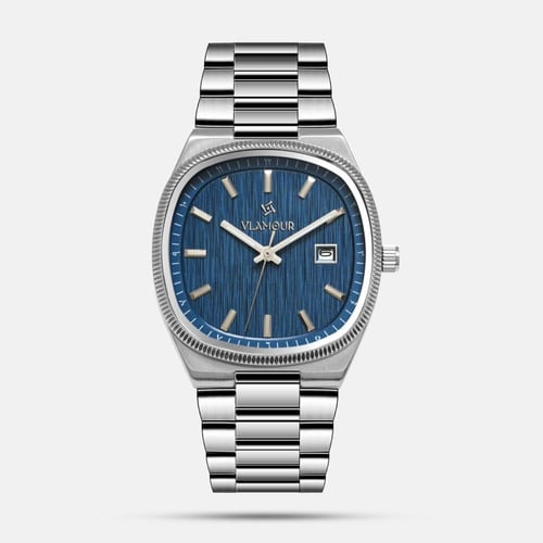 ساعة رجالية بسير ستيل فضي وميناء أزرق - تصميم كلاس...