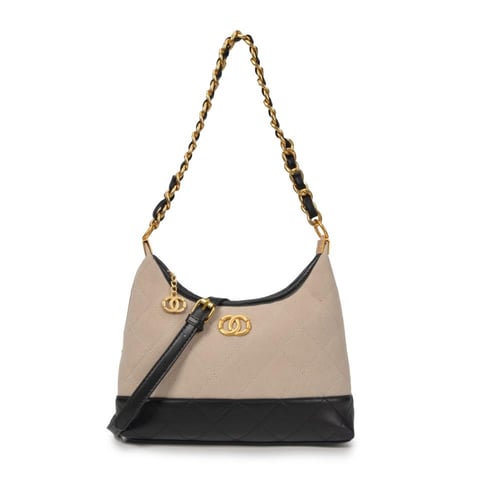 شنطة يد نسائية جلد بسلسلة ذهبية - بيج وأسود