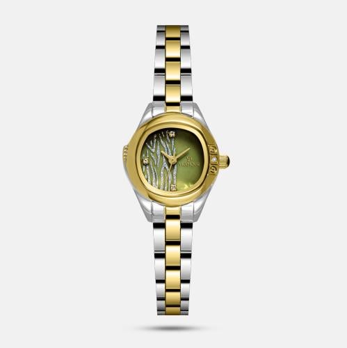 ساعة نسائية فضية بتدخيلة ذهبي وميناء أخضر