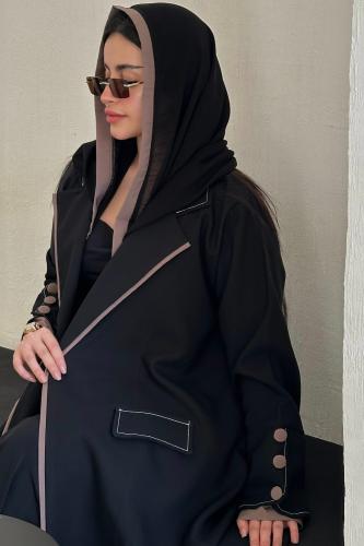 عباية كتان عملية بطرف بيج + طرحة | A35