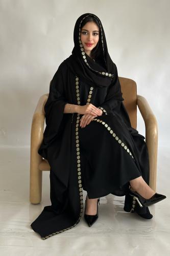عباية صيفية سوداء بتطريز ذهبي + طرحة | A56