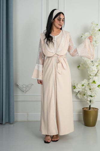 قميص استقبال بأكمام دانتيل ولؤلؤ - بيج