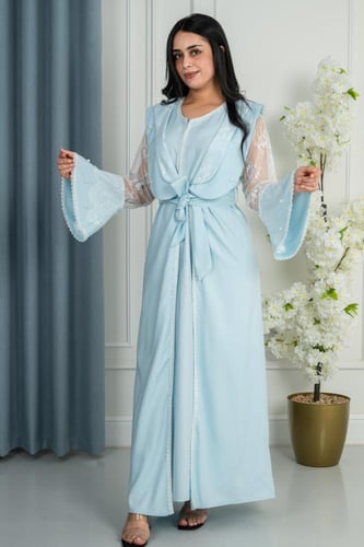 قميص استقبال بأكمام دانتيل ولؤلؤ - سماوي