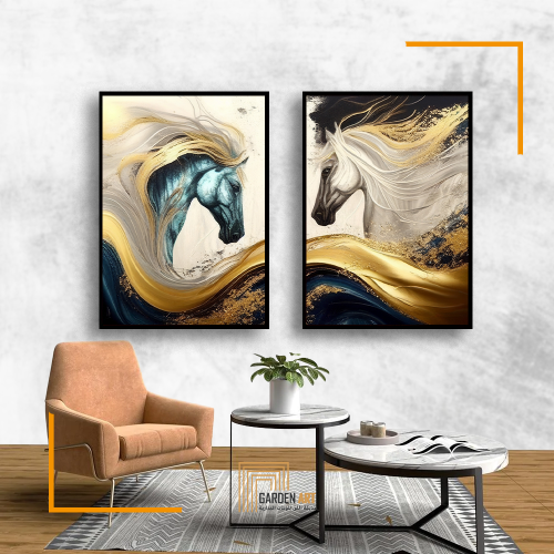 لوحة ثنائية خيول بألوان الذهب والزمرد - فن تجريدي