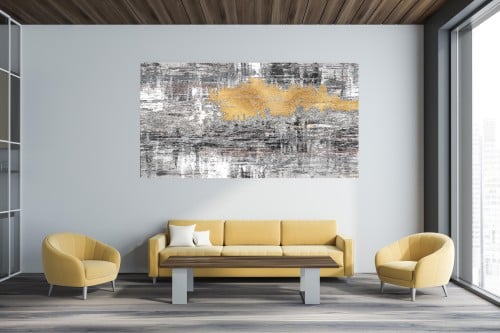 لوحة فن تجريدي خليط من لون رمادي بالذهبي