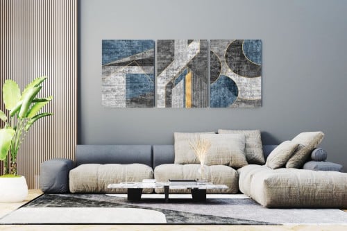 لوحة ثلاثية - فن تجريدي اشكال هندسية مع خليط من ال...