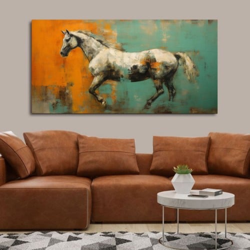 الخيل الابيض بخلفية اخضر وبرتقالي - تجريدي