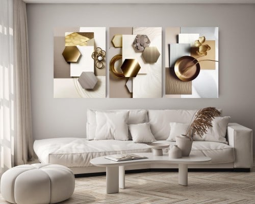 لوحة ثلاثية - فن تجريدي لمحبي اللون الذهبي