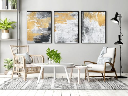 لوحة ثلاثية - فن تجريدي باستخدام اللون الذهبي و ال...