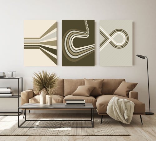 لوحة ثلاثية - فن تجريدي خطوط عرضية ومنحنيات