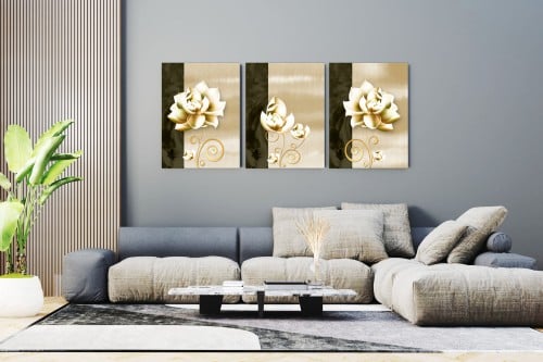 لوحة ثلاثية - فن تجريدي وردة باللون الذهبي