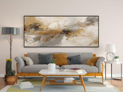 لوحة فن تجريدي ممع الوان ذهبي مع الابيض والرصاصي