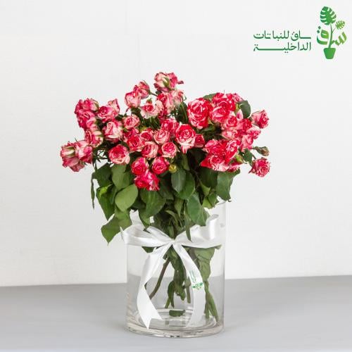 باقة ورد جوري بيبي روز مبرقشة مع فازة زجاجية وربطة...
