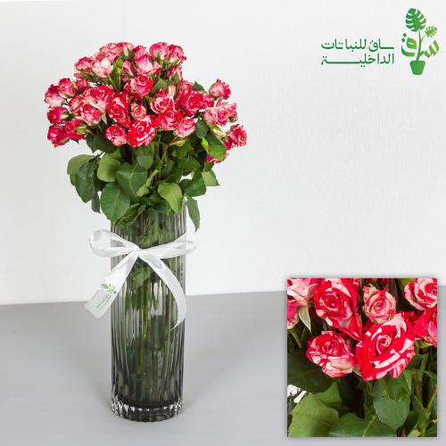 باقة ورد جوري بيبي روز مبرقشة مع فازة زجاجية وربطة...
