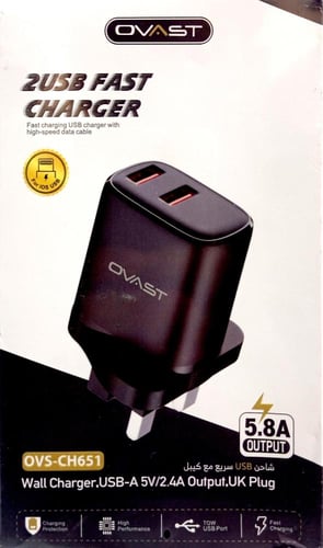 شاحن حائط سريع ثنائي USB من OVAST مع كيبل ايفون