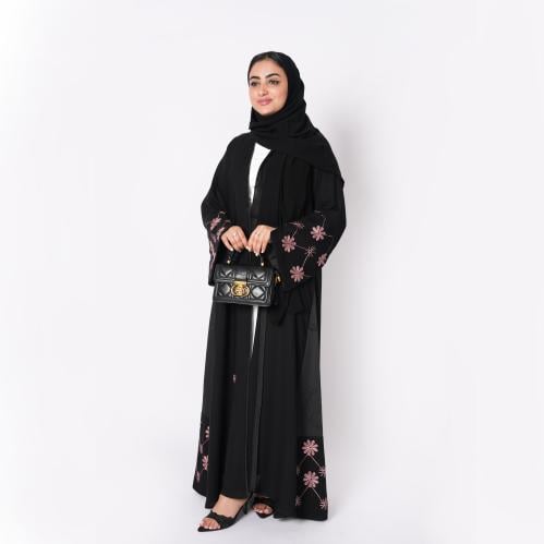 عباية سوداء نص كلوش مزين بالوردي