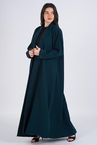 عباية بلون اخضر بترولي بتطريز طولي على الواجهة وال...