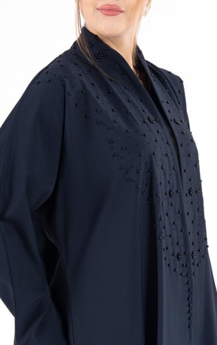 عباية كحلي فخمة مطرزة بالكامل بحبات اللؤلؤ الاسود